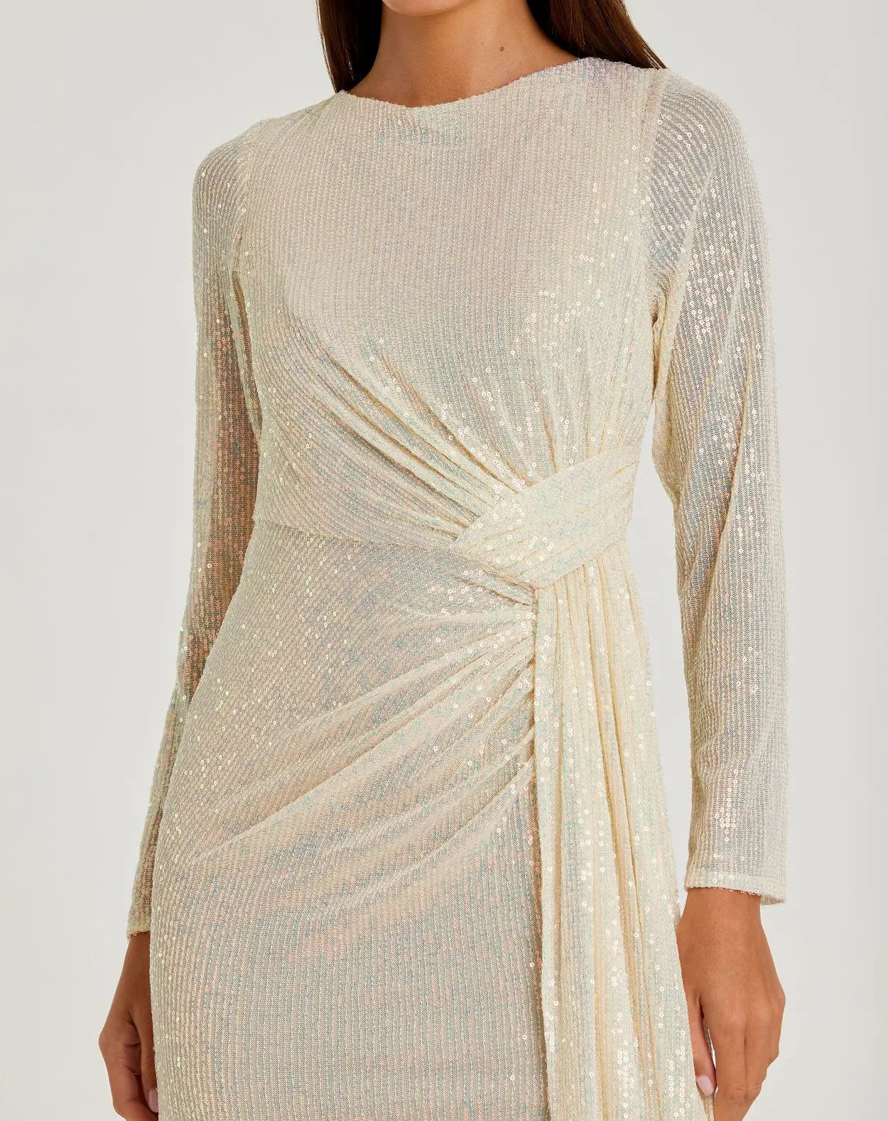 Beige Sequined Ruched Long Sleeve Boat Neck Gown
