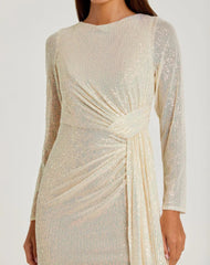Beige Sequined Ruched Long Sleeve Boat Neck Gown