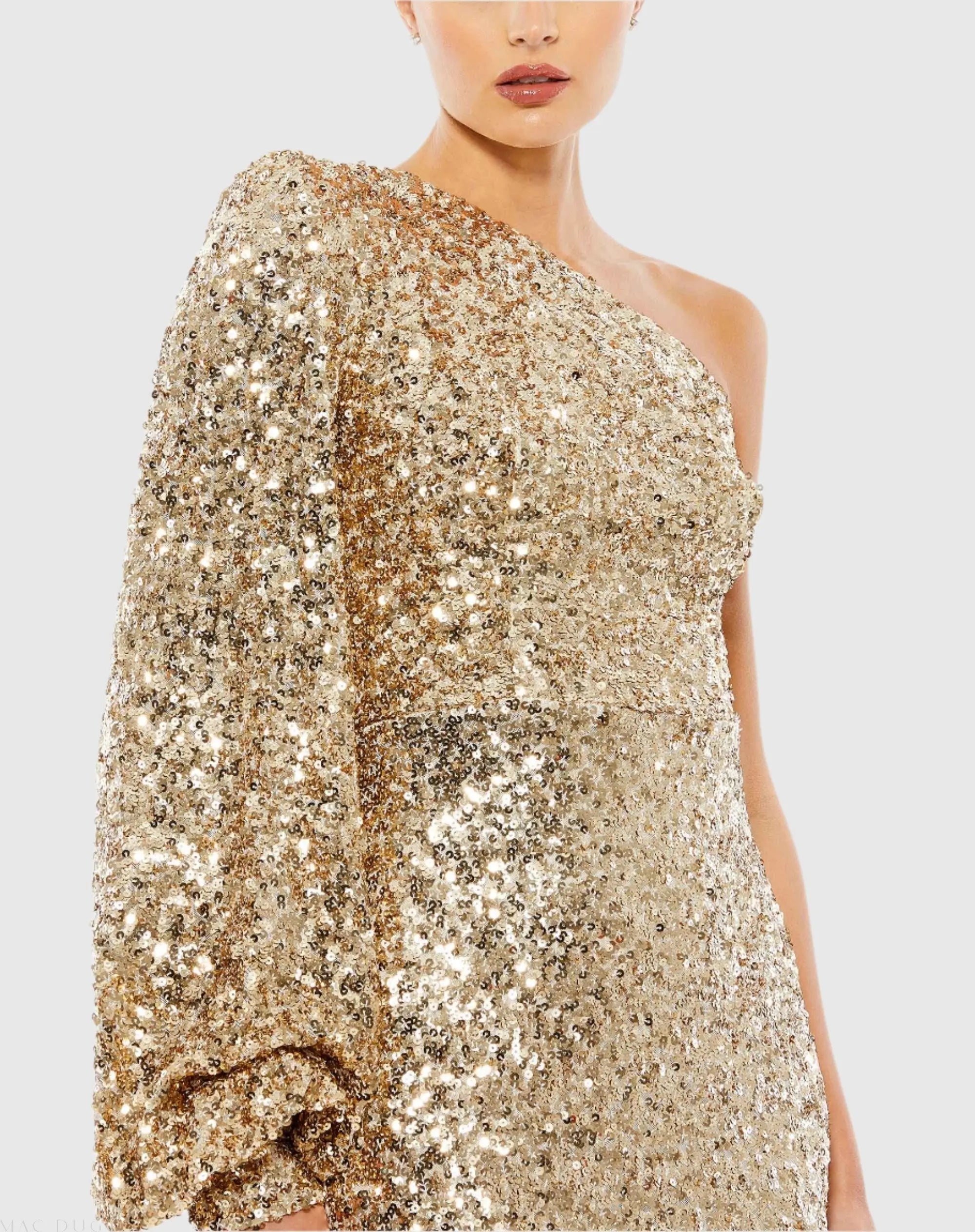 Gold Sequined One Shoulder Bishop Sleeve Trumpet Gown