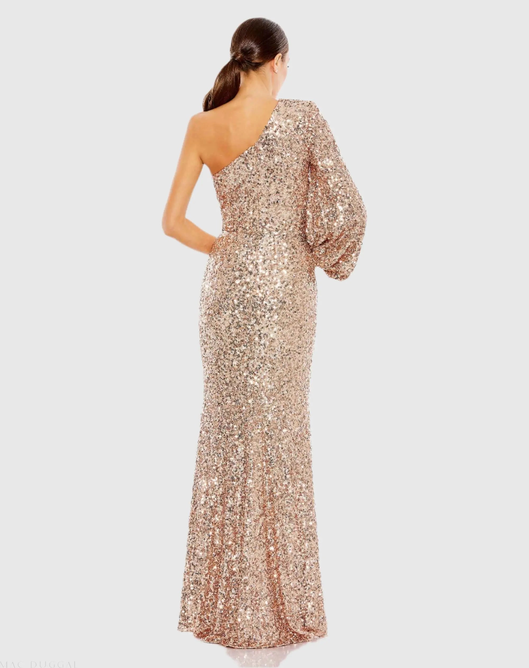 Pink Sequined One Shoulder Bishop Sleeve Trumpet Gown