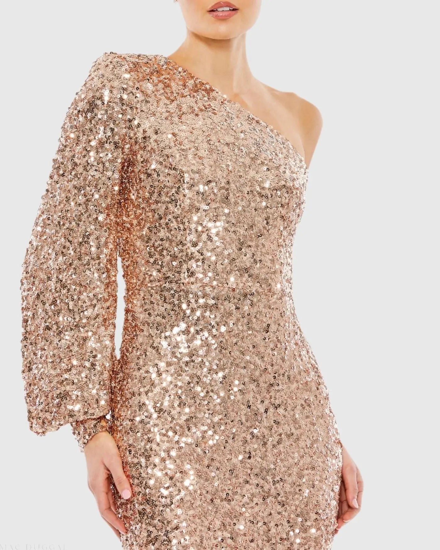 Pink Sequined One Shoulder Bishop Sleeve Trumpet Gown