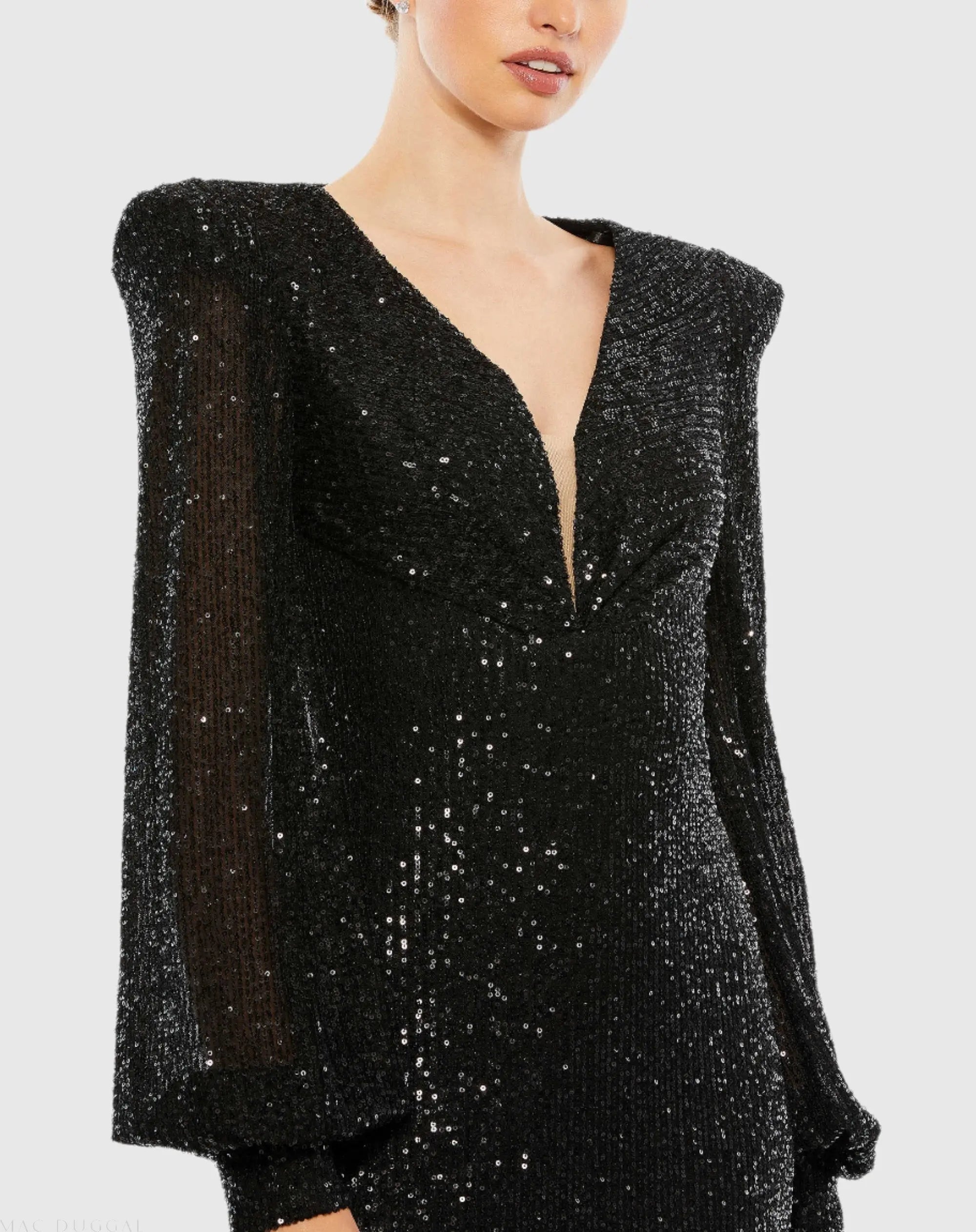 Black Sequined Plunge Neck Structured Bishop Sleeve Gown