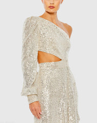 Silver Sequined One Shoulder Cut Out Gown