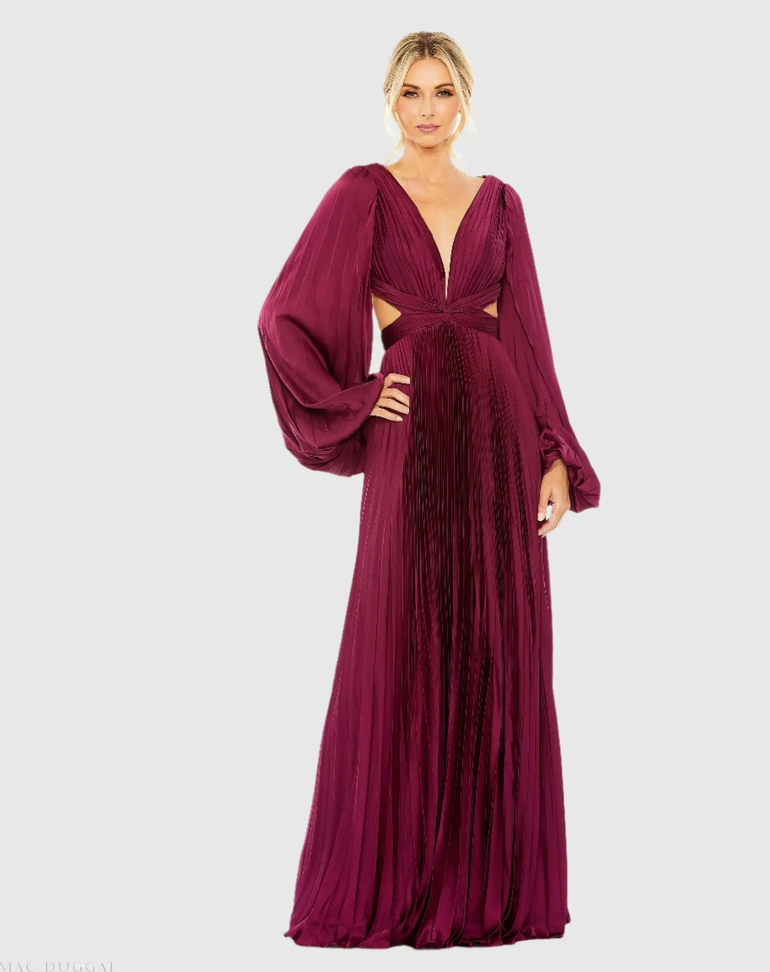 Long Sleeve Charmeuse Cut Out Gown