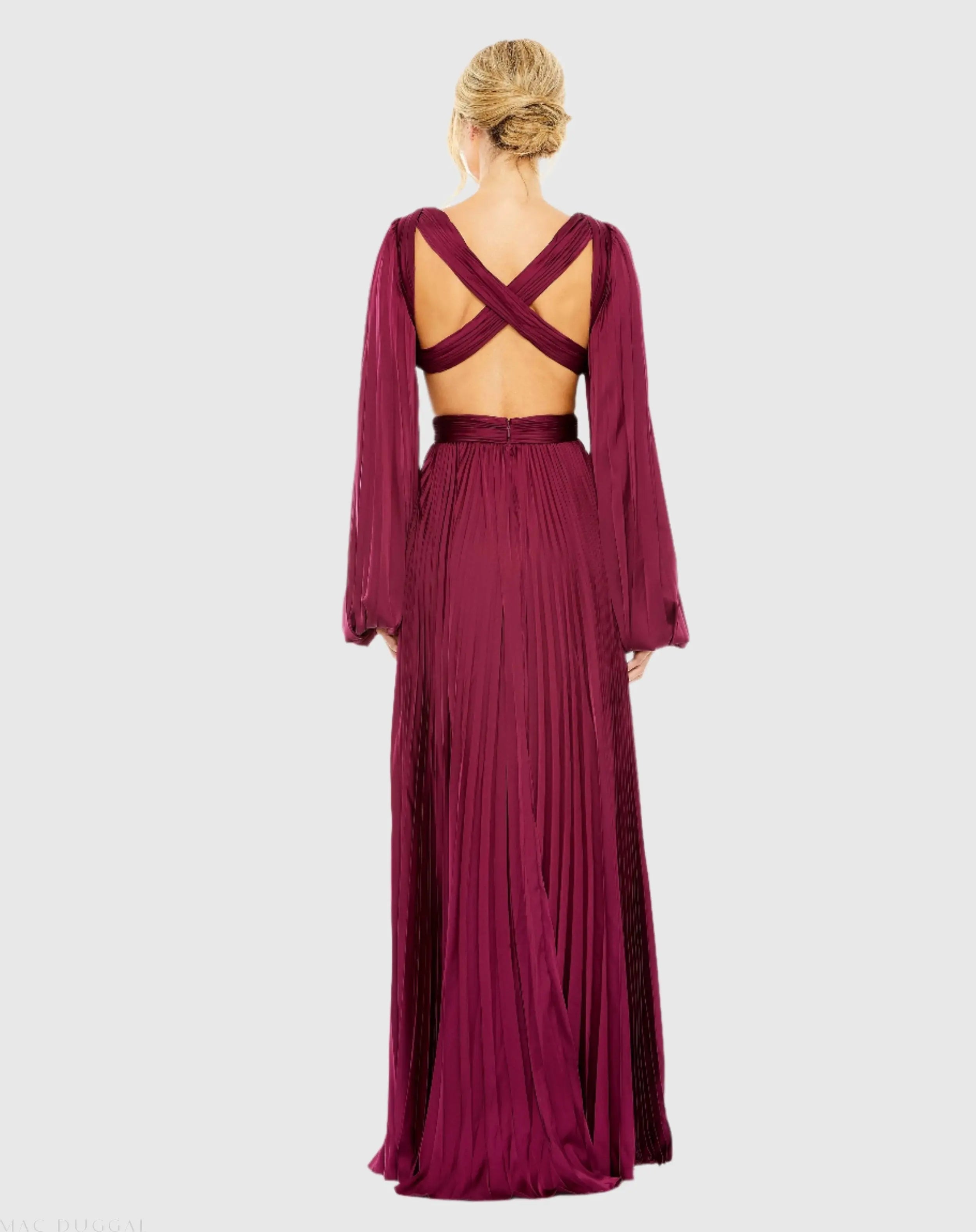Red Long Sleeve Pleated Charmeuse Cut Out Gown