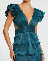 Blue Ruffle Tiered Criss Cross Lace Up Gown