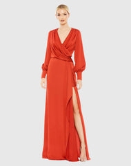 Red Draped Bishop Sleeve Charmeuse Gown