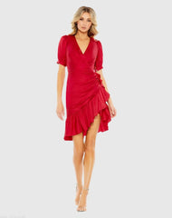 Red Short Puff Sleeve Faux Wrap Mini Dress