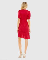 Red Short Puff Sleeve Faux Wrap Mini Dress