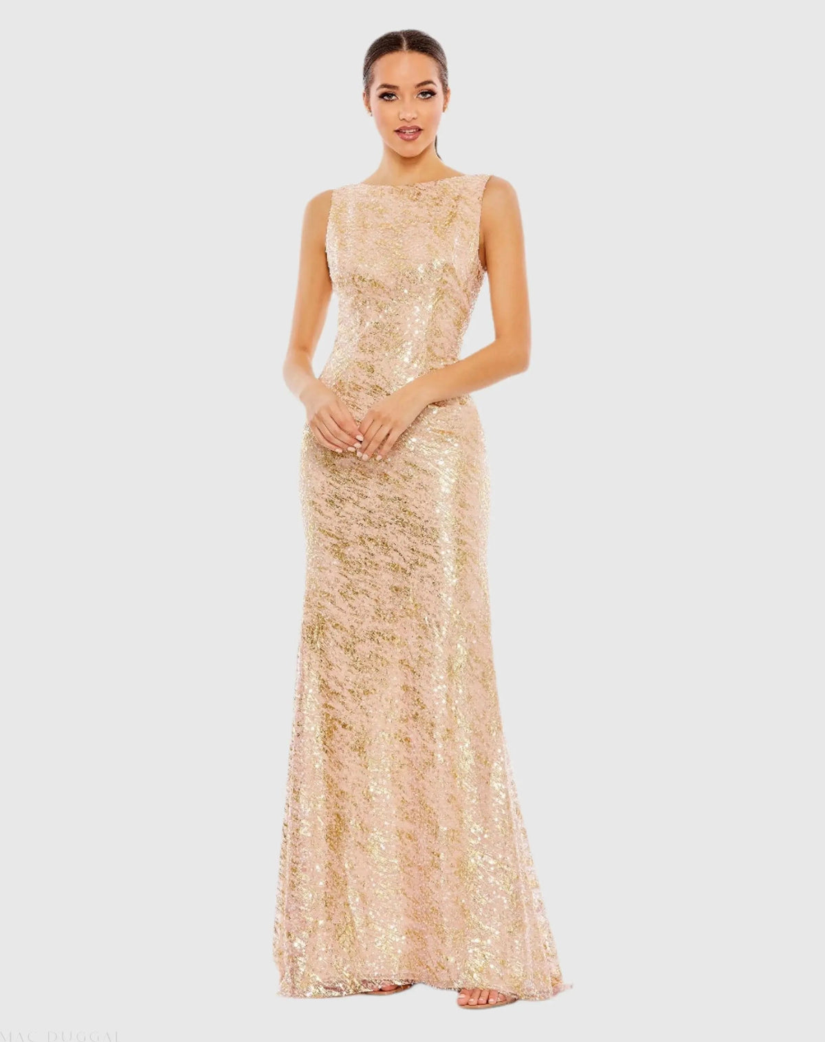 Pink Metallic Sequin Boat Neck Trumpet Gown with Cowl Back