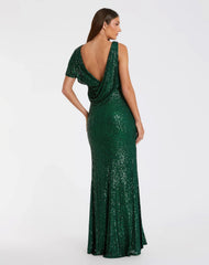 Green Sequined Asymmetrical Draped Trumpet Gown