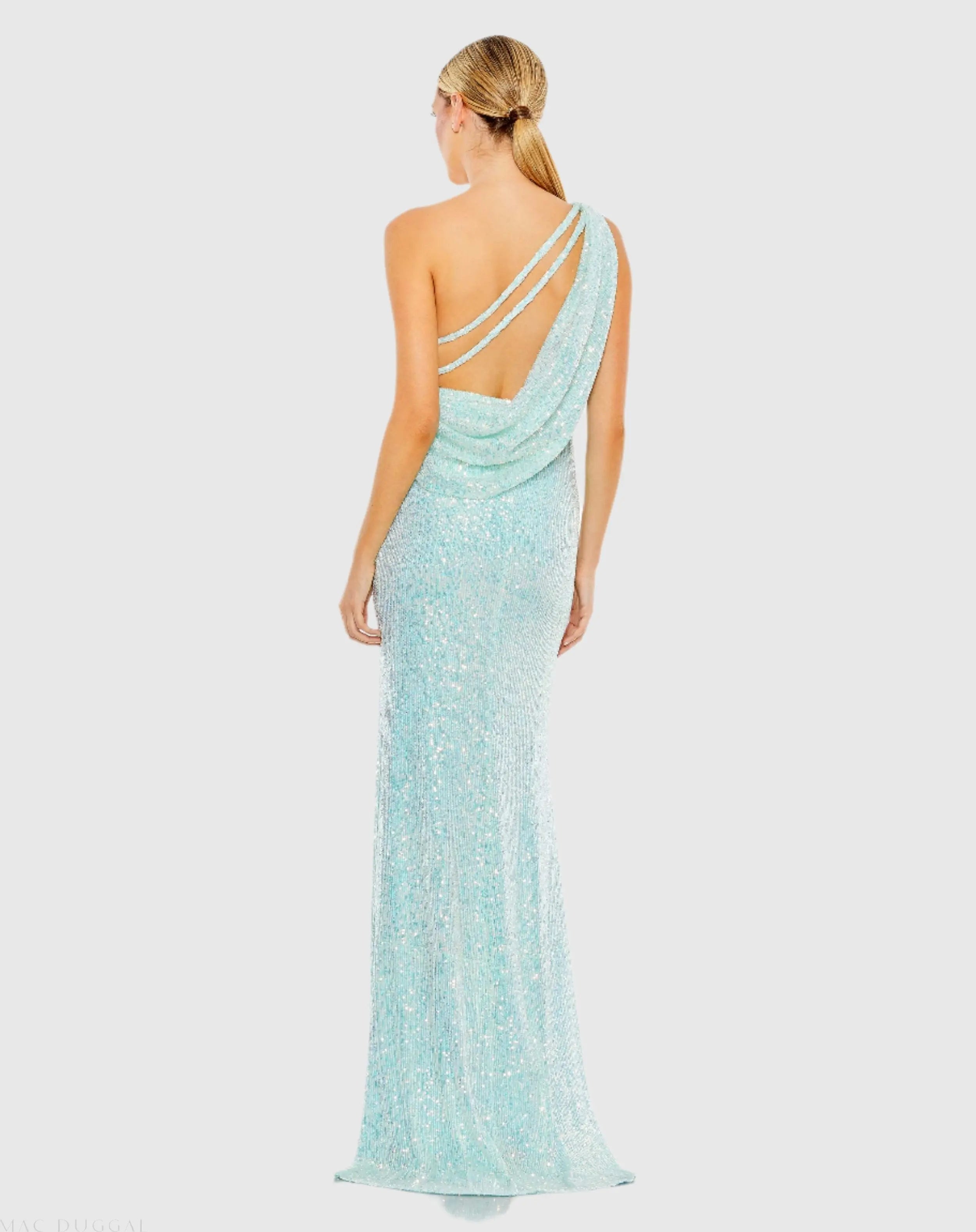 Blue Sequined One Shoulder Draped Back Gown