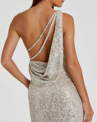 Silver Sequined One Shoulder Draped Back Gown