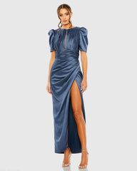 Blue Puff Sleeve Pleated Bodice Draped Gown