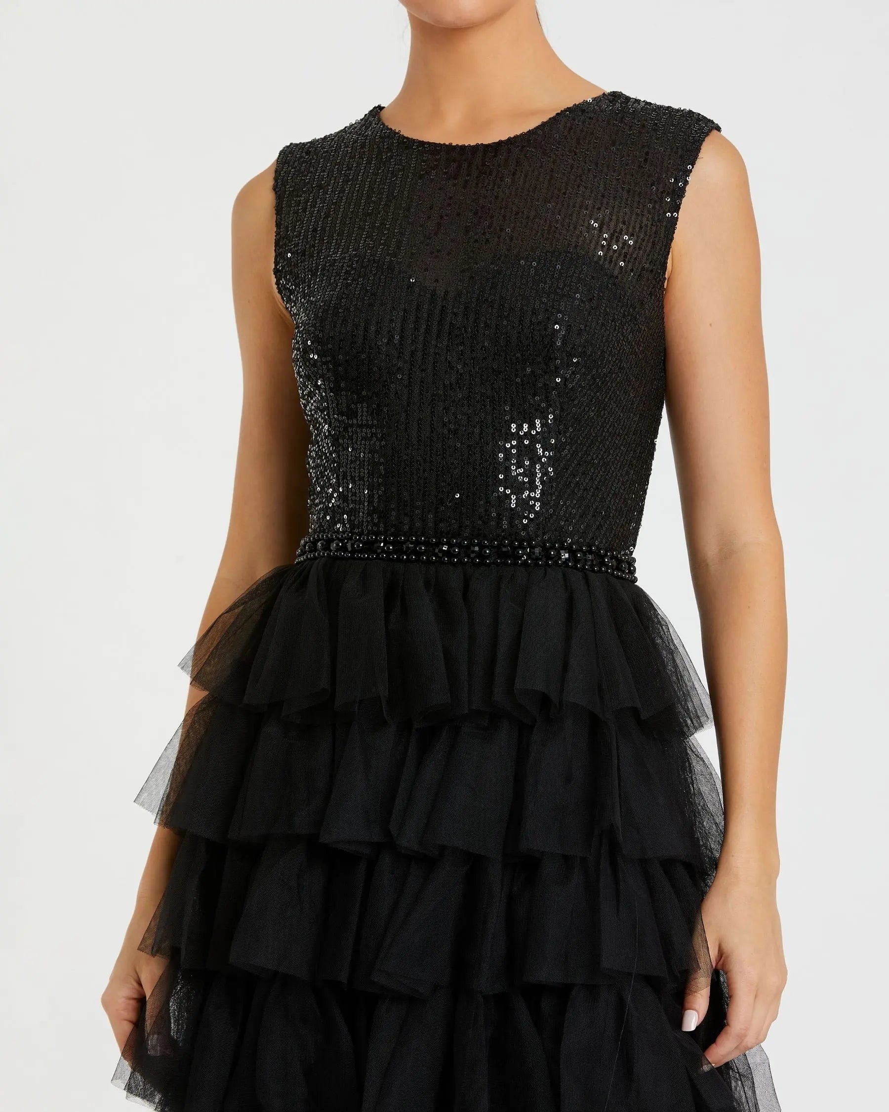 Black Ruffle Tiered High Neck Sequined Gown