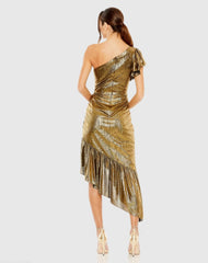 Gold One Shoulder Flutter Sleeve High Low Dress