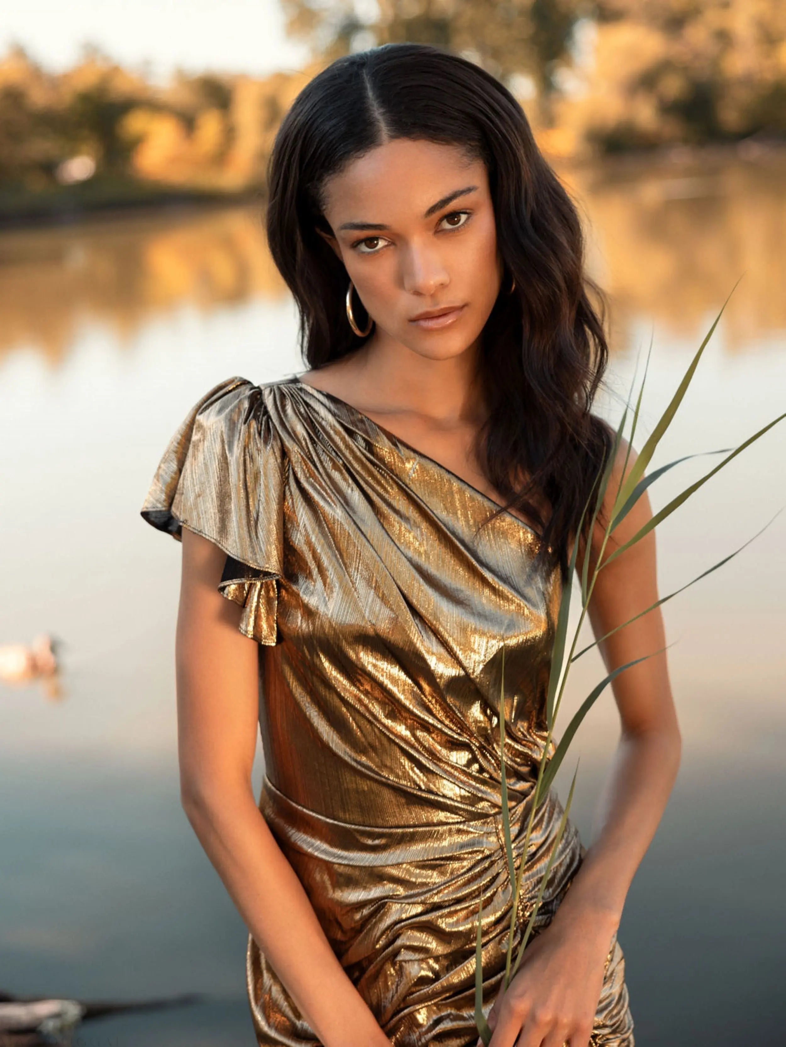 Gold One Shoulder Flutter Sleeve High Low Dress