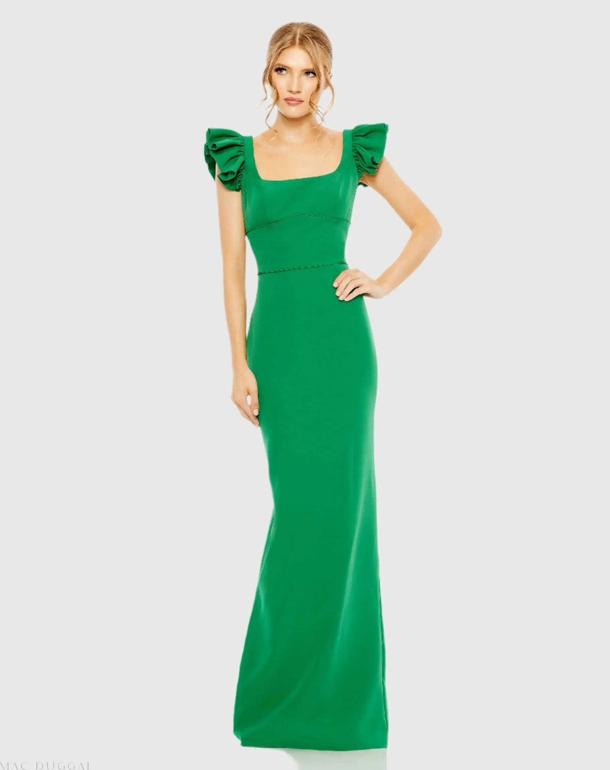 Green Ruffle Cap Sleeve Open Back Column Gown