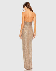 Gold Halter Neck Ruched Side Front Slit Sequin Gown