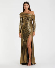 Gold Long Sleeve Off the Shoulder Metallic Gown