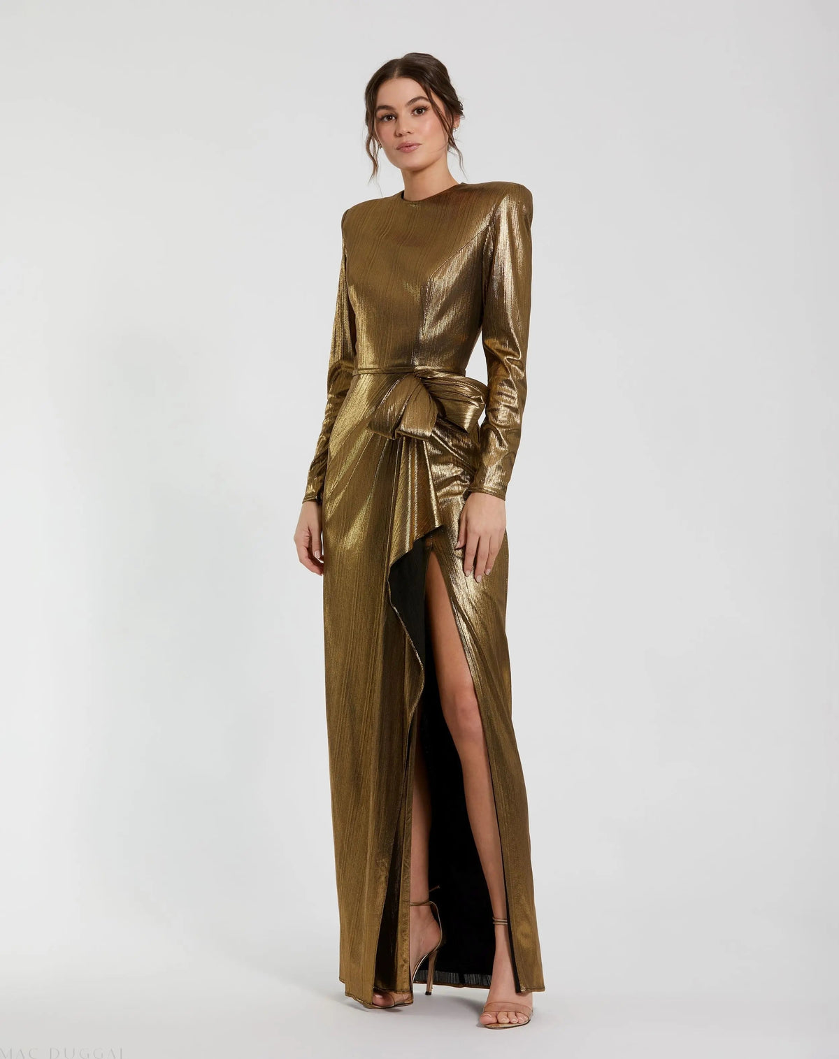 Gold Metallic Long Sleeve Gown With Bow