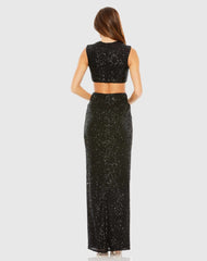 Black Sequin Twist Cut Out Open Back Gown
