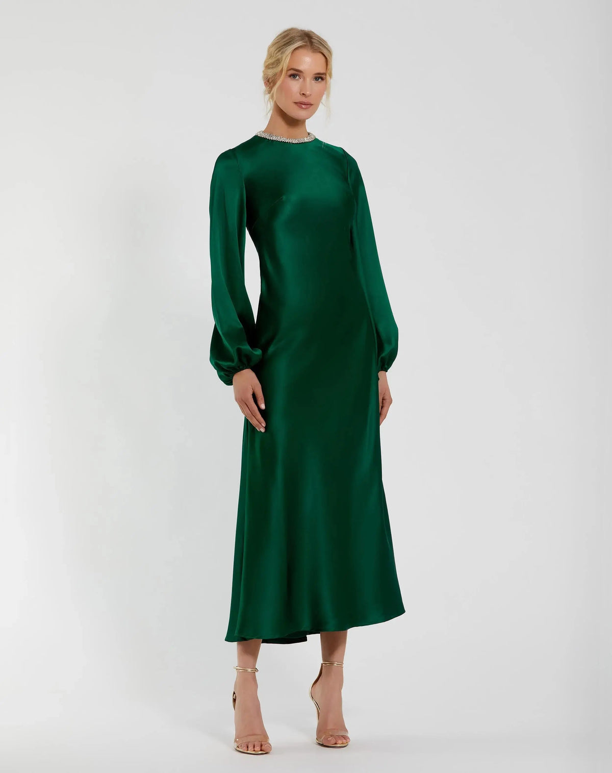 Green High Neck Long Sleeve Crystal Detail Dress