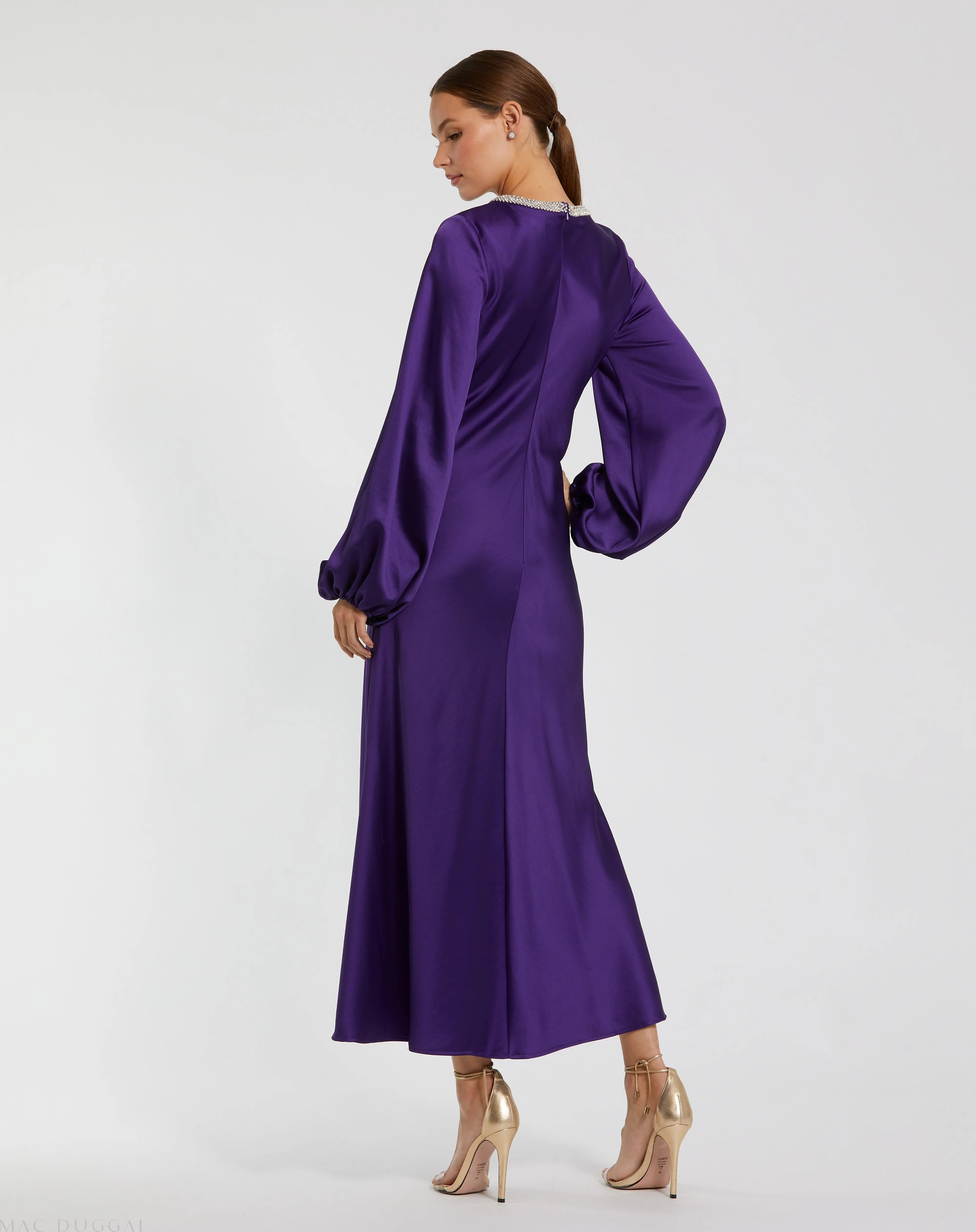 Purple High Neck Long Sleeve Crystal Detail Dress