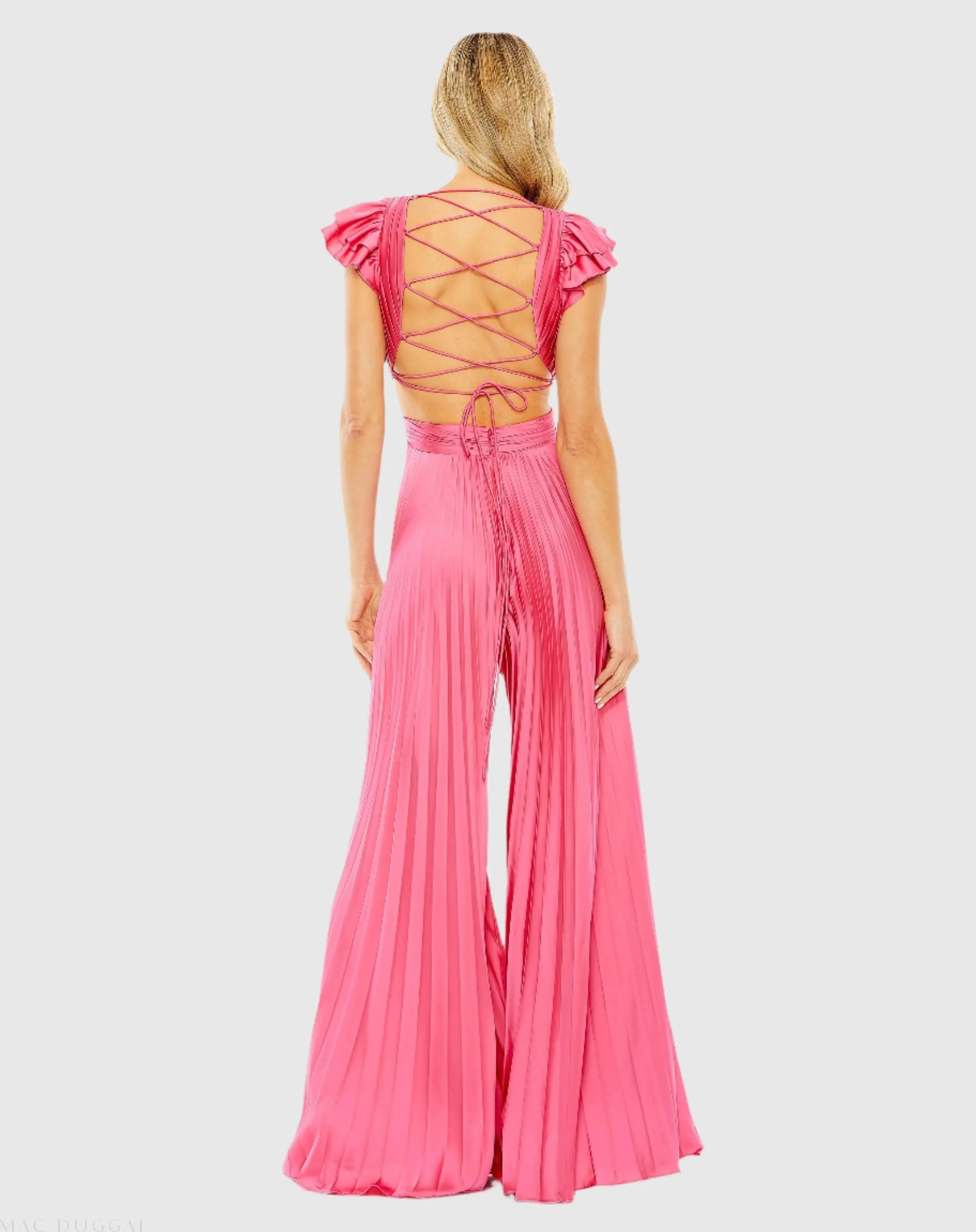 Pink Ruffle Cap Sleeve Cutout Heat Pleated Jumpsuit
