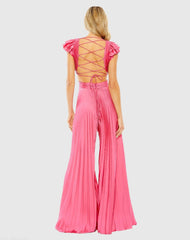 Pink Ruffle Cap Sleeve Cutout Heat Pleated Jumpsuit
