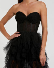 Black Strapless Bustier Net Gown With Spiral Ruffles