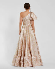 Pink Brocade One Shoulder Floral Gown With Bow