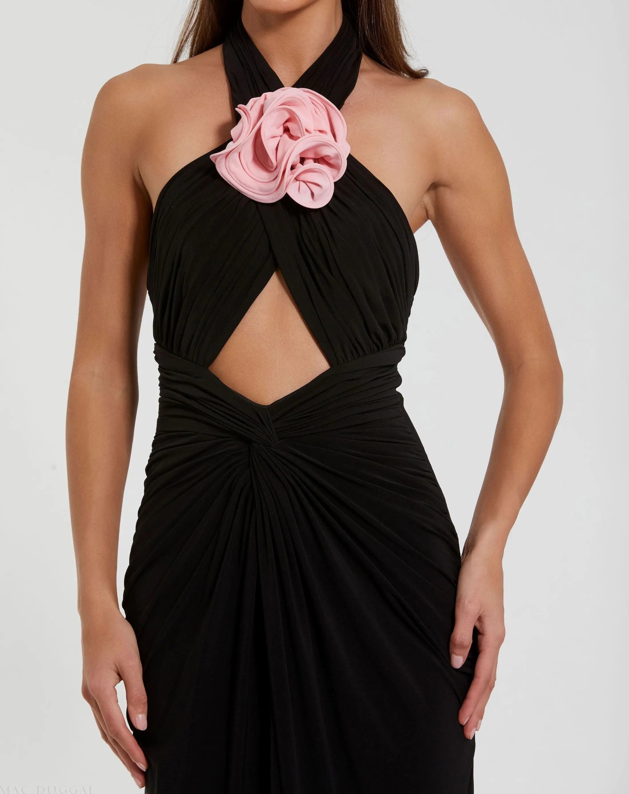 Black Jersey Crossover Halter Neck Gown With 3D Flower