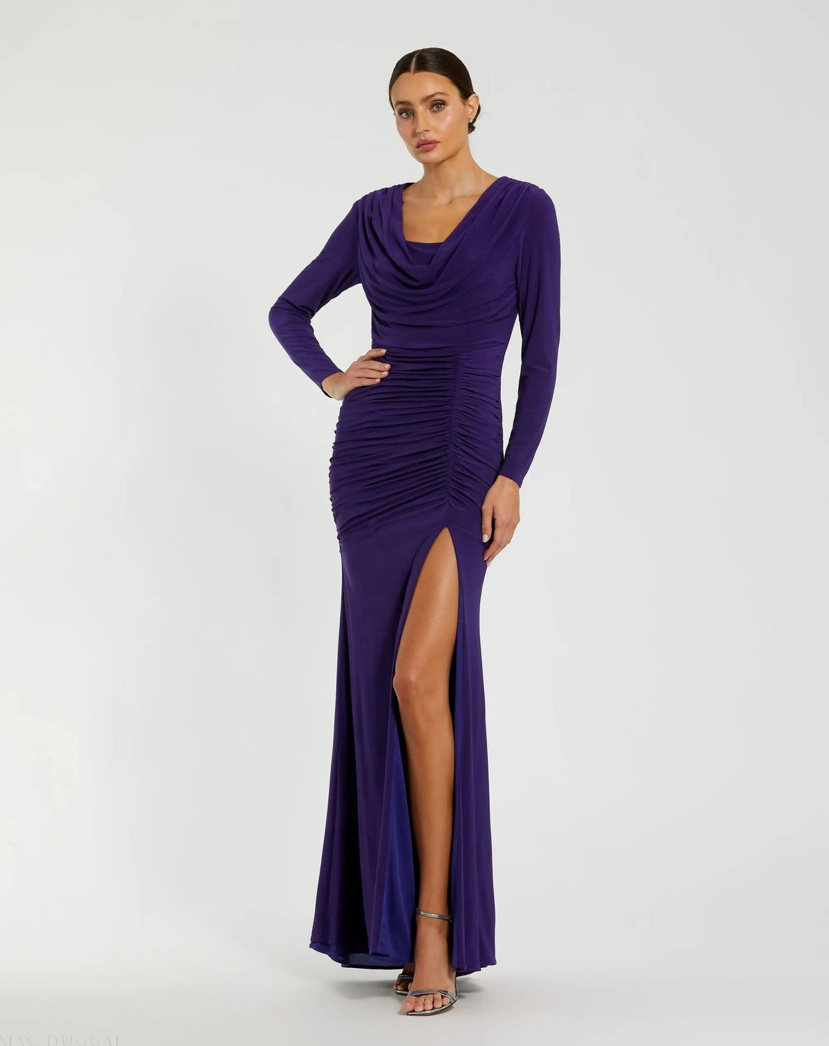 Purple Long Sleeve Cowl Neck Jersey Gown With Slit