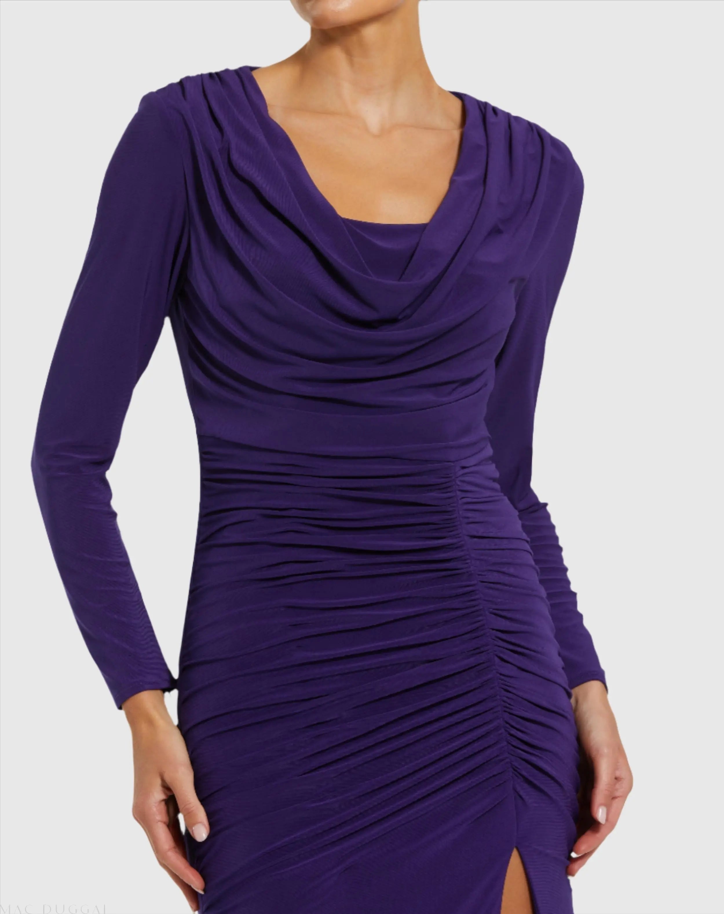 Purple Long Sleeve Cowl Neck Jersey Gown With Slit