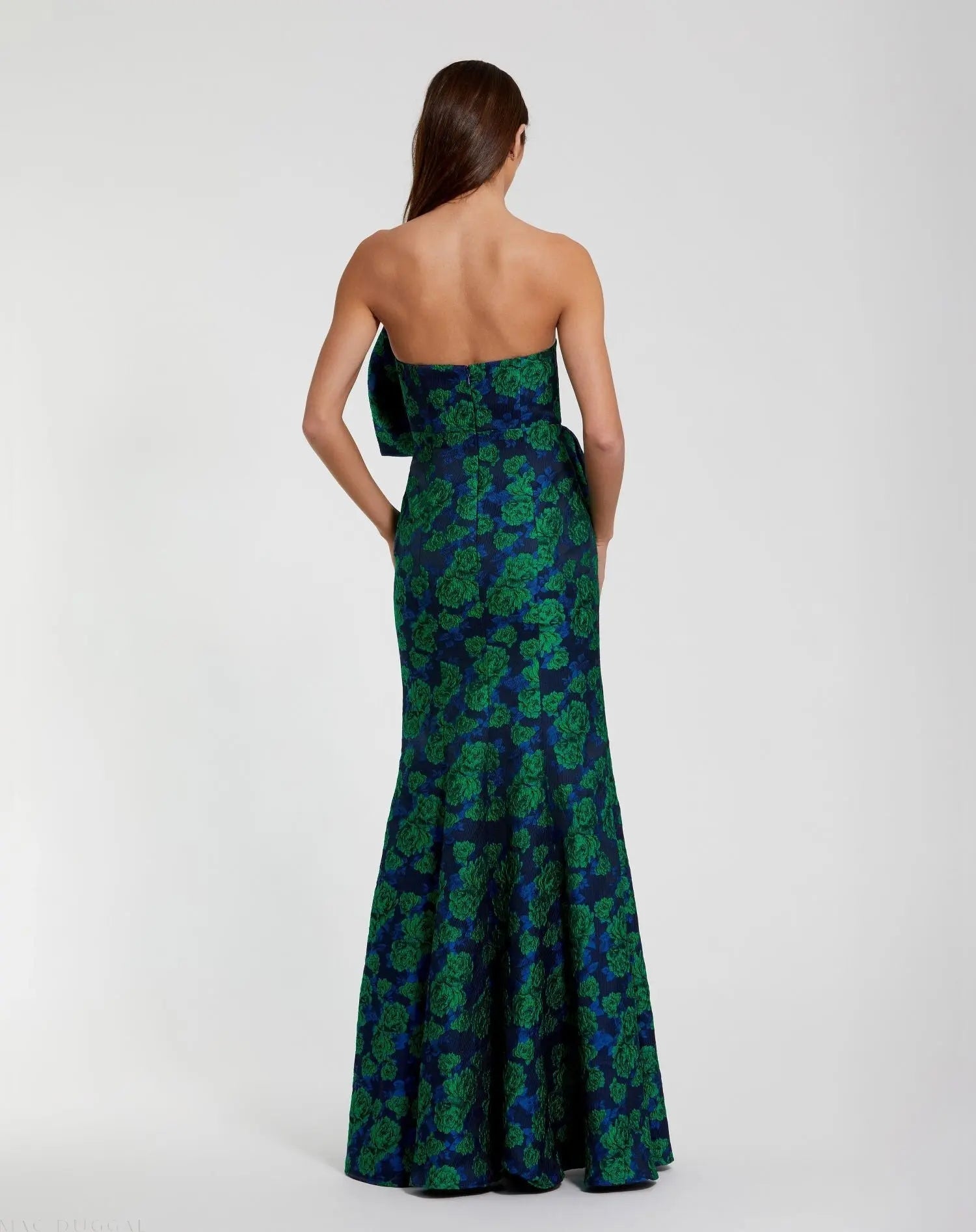 Blue and Green Strapless Brocade Fitted Gown With Oversized Bow
