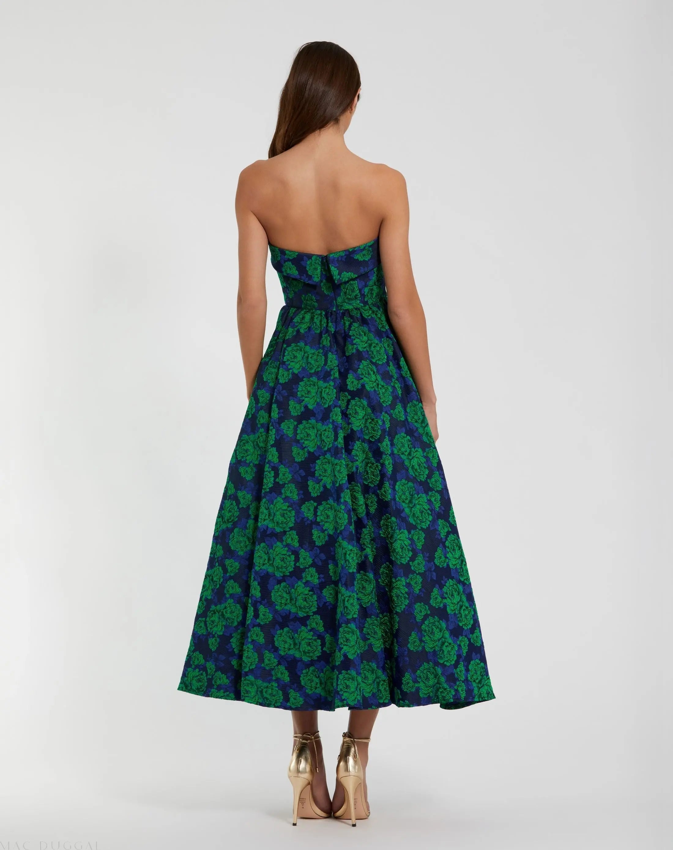 Blue and Green Brocade Strapless A Line Midi Dress