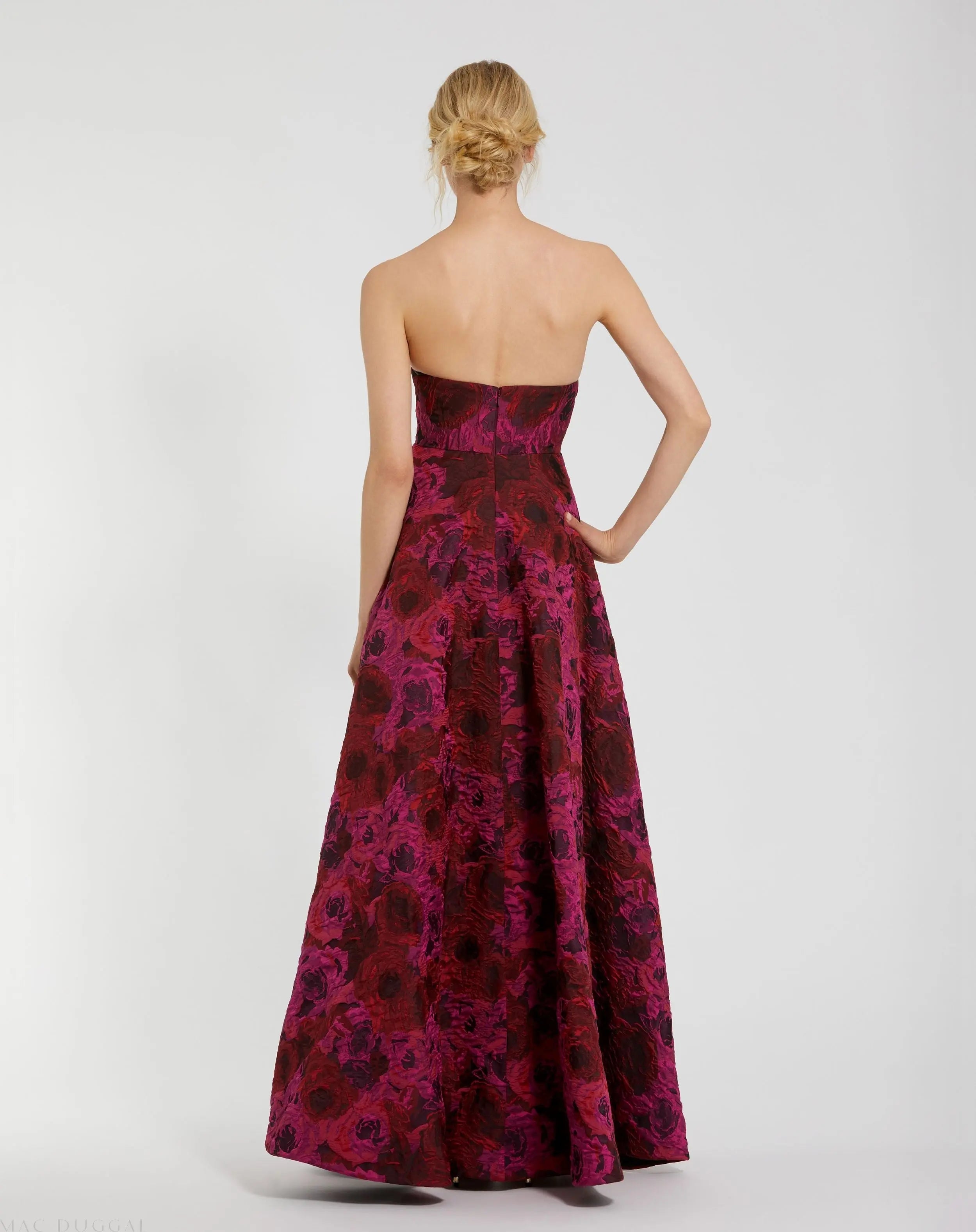 Multicolor Strapless Brocade High Low A Line Gown