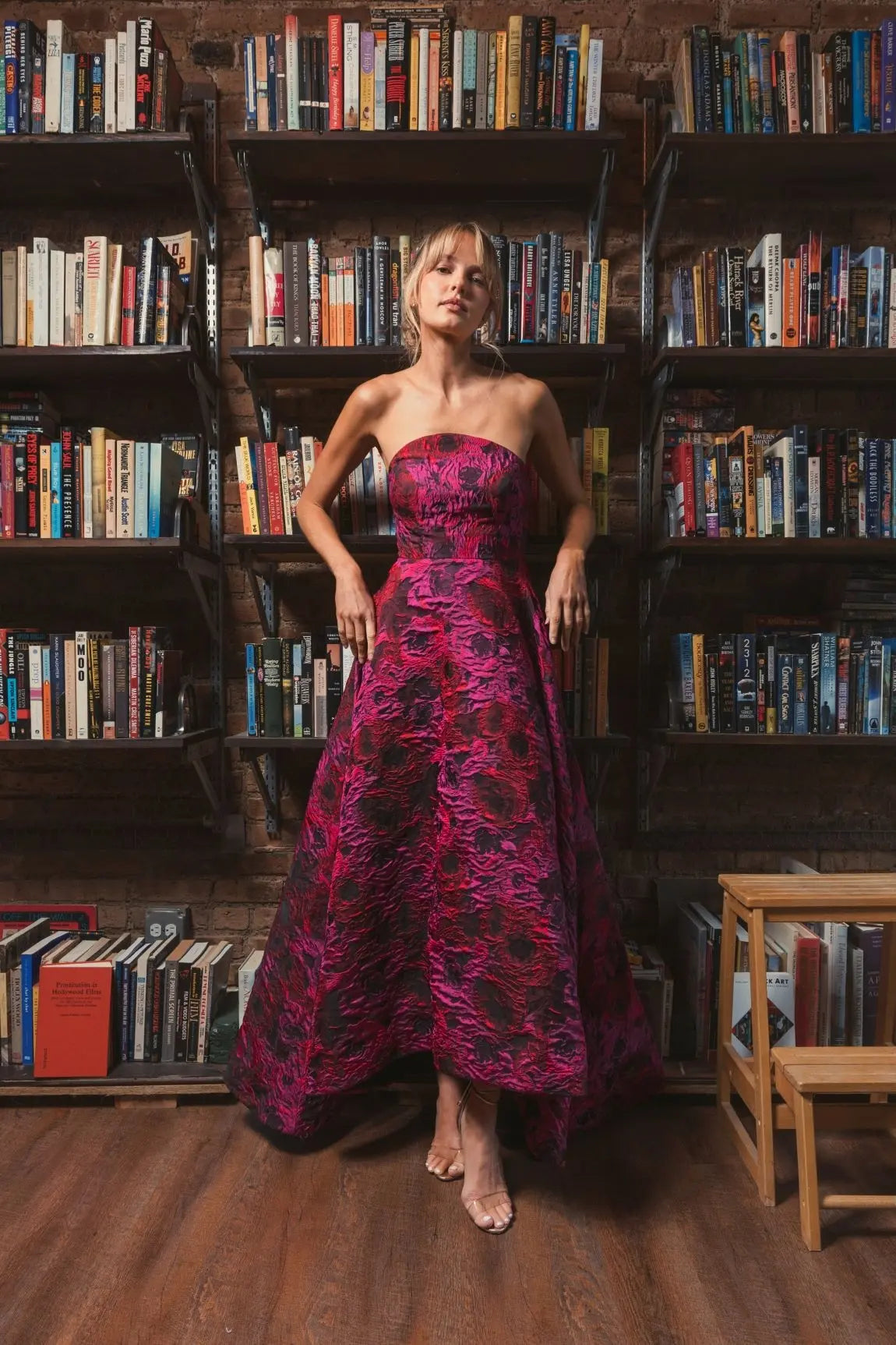 Multicolor Strapless Brocade High Low A Line Gown