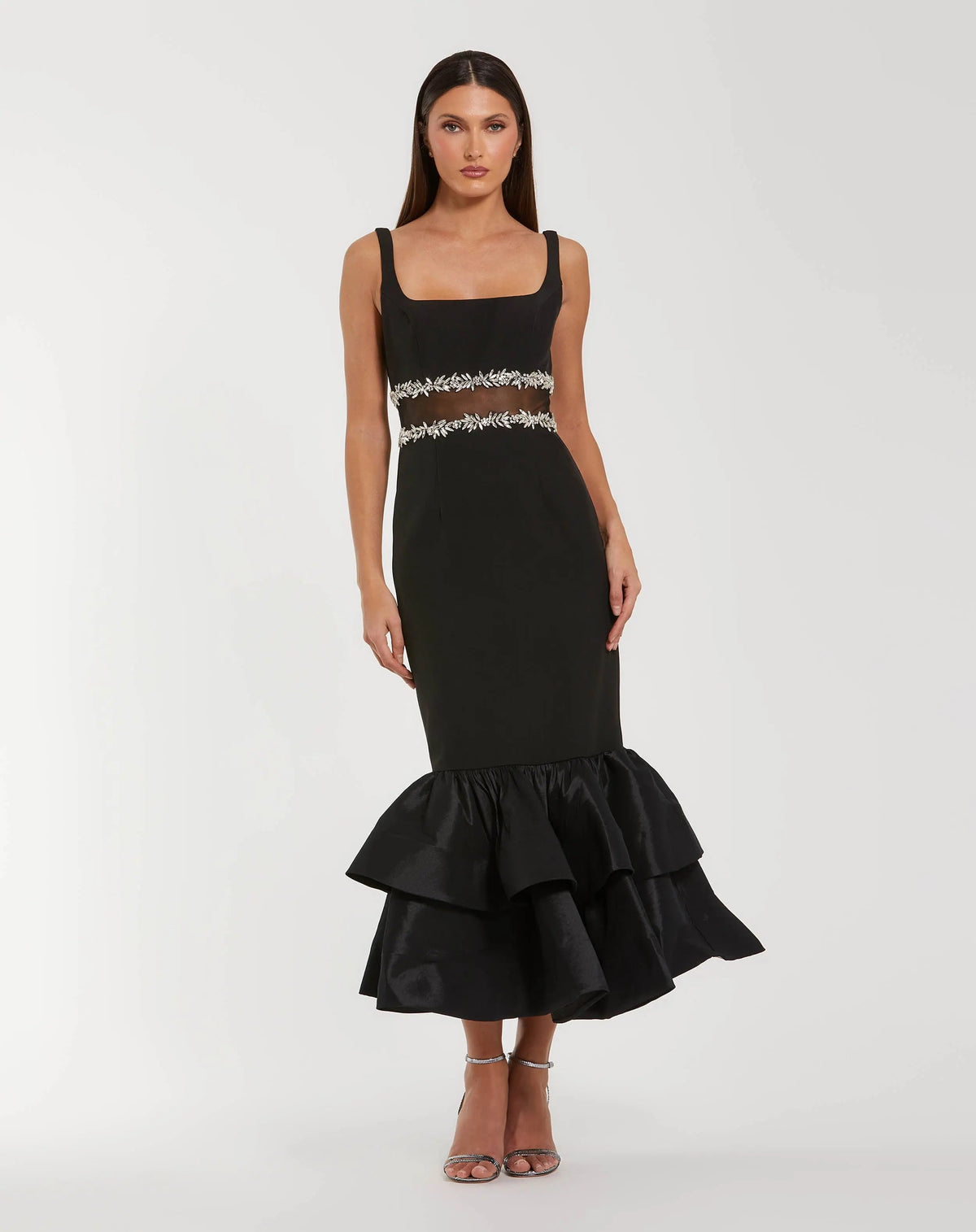 Black Crepe Ruffle Hem Midi Dress With Jewel Detail