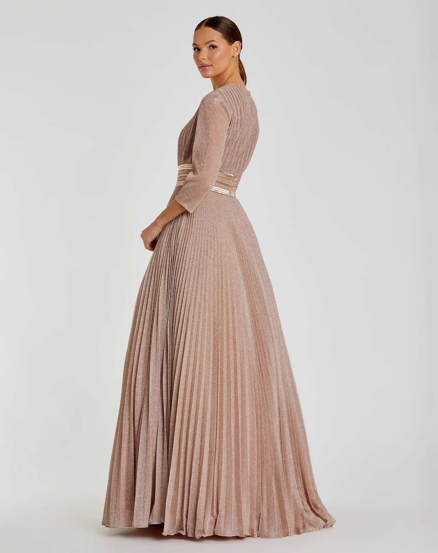 Pink Shimmering Pleated A-Line 3/4 Sleeve Gown