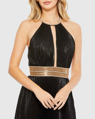Black Pleated Embellished Halter Open Back Gown