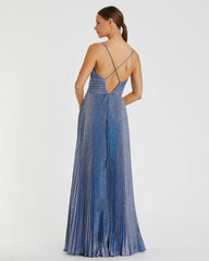 Blue Shimmer Pleated V-Neck Gown