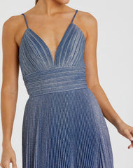 Blue Shimmer Pleated V-Neck Gown