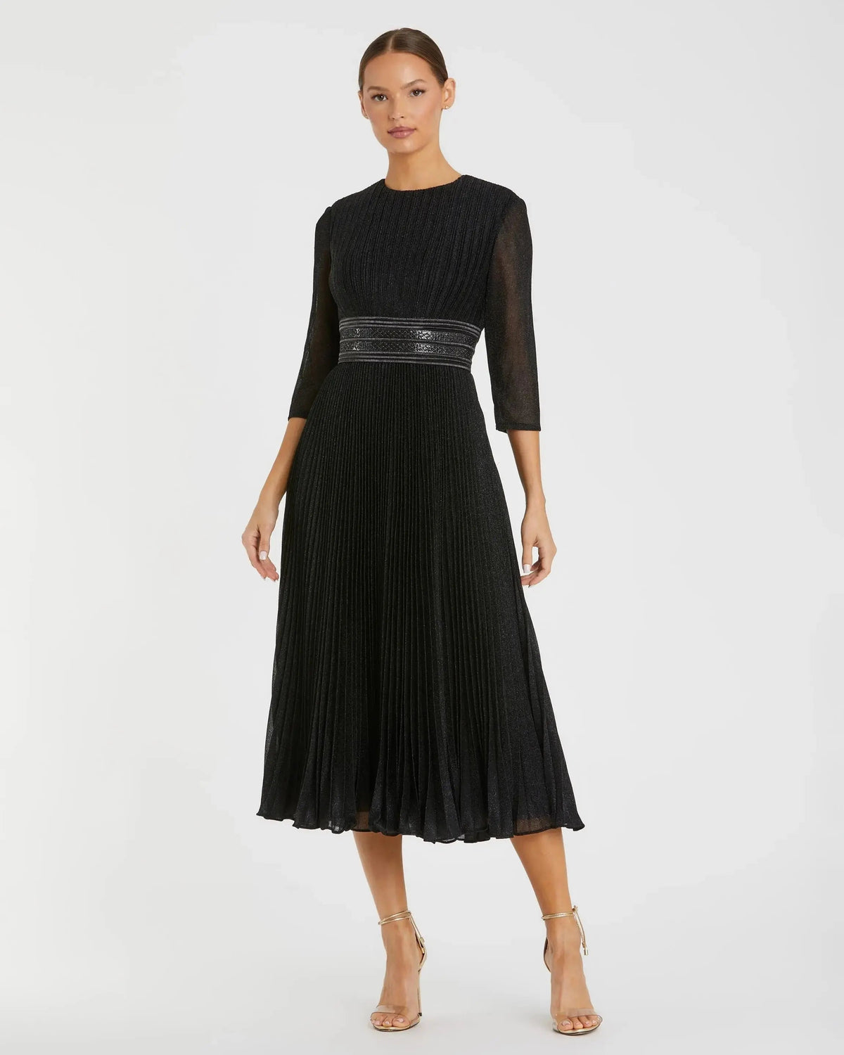 Black Shimmering 3/4 Sleeve A-Line Midi Dress