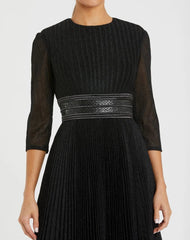 Black Shimmering 3/4 Sleeve A-Line Midi Dress