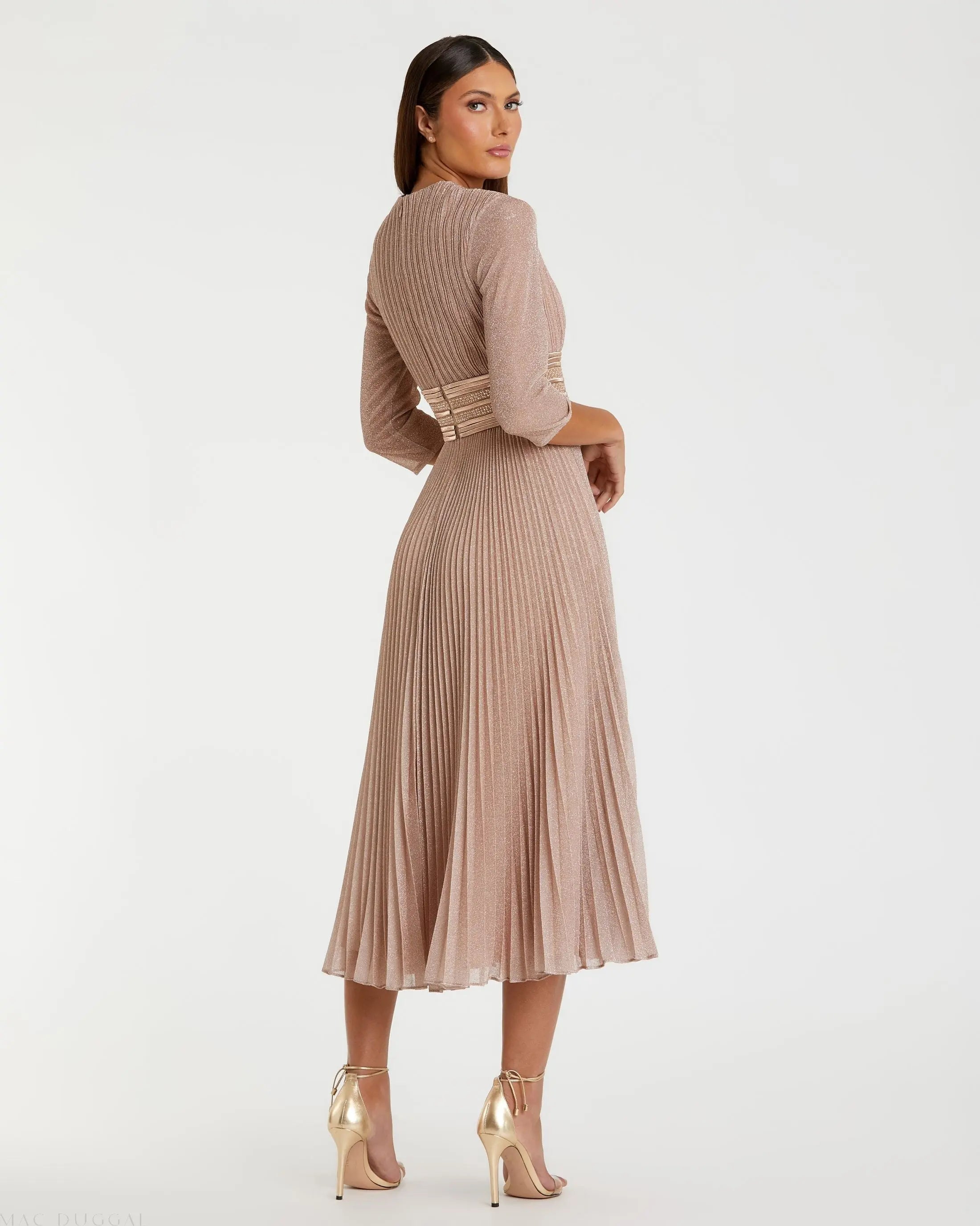 Pink Shimmering 3/4 Sleeve A-Line Midi Dress