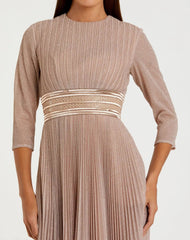 Pink Shimmering 3/4 Sleeve A-Line Midi Dress