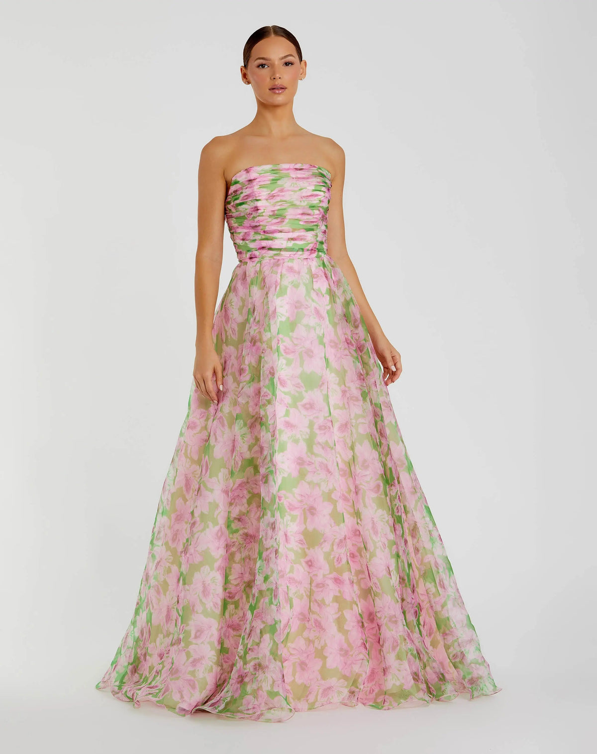 Pink Strapless Chiffon Gown With Ruffle Detail