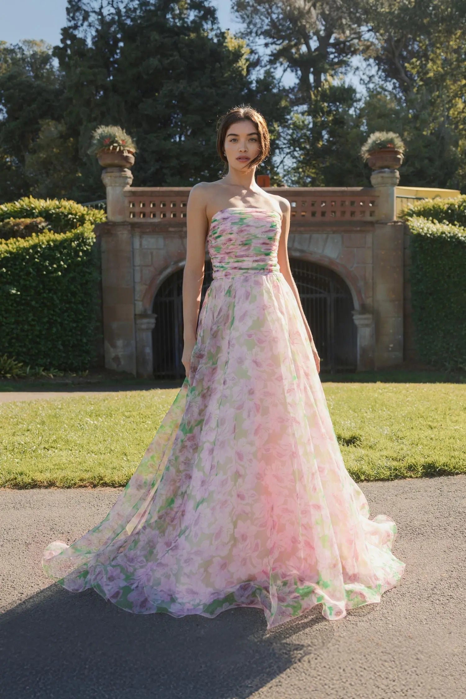 Pink Strapless Chiffon Gown With Ruffle Detail